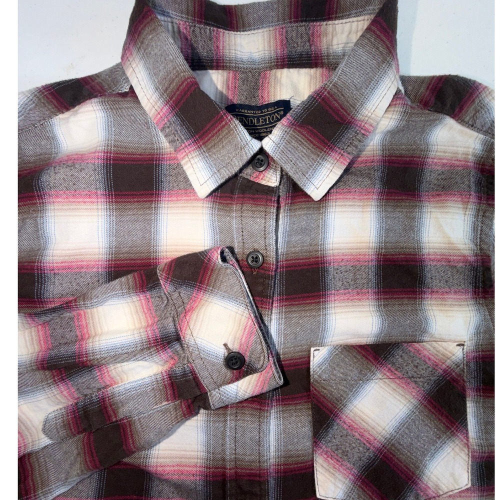 Pendleton Womens Small Brown Pink Plaid Cotton Flannel Button Down Shirt S